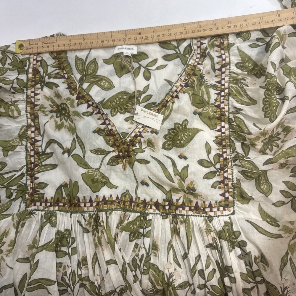 World Market Blouse Embroidered Green Floral 100% Cotton Women's Size L/XL New - Picture 3 of 15